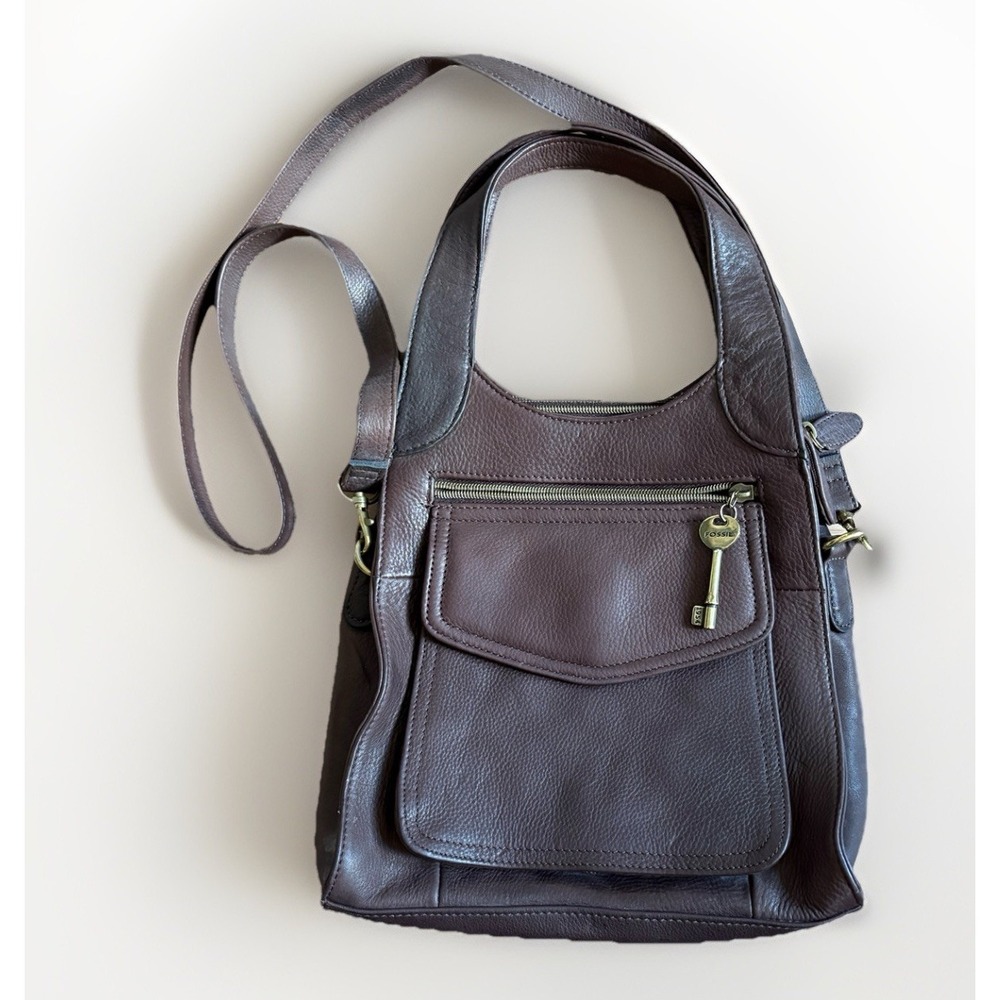 Womens VTG Fossil Brown Pebbled Leather Shoulder Bag Roomy Size Charm 75082